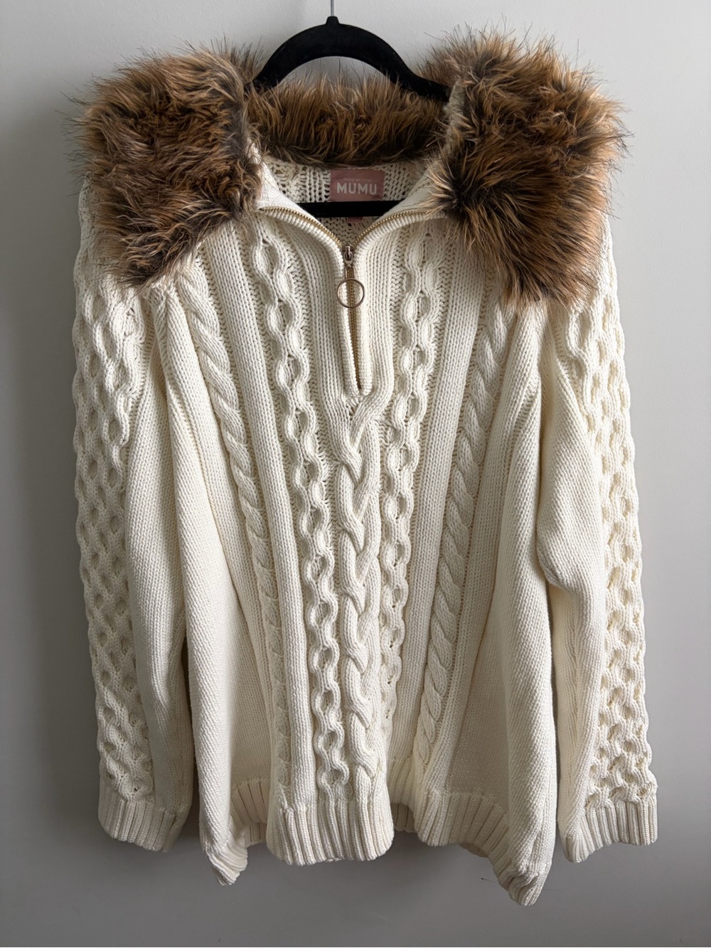 Show Me Your MuMu Cream Cable-Knit Turtleneck Sweater with Faux-Fur Trim
